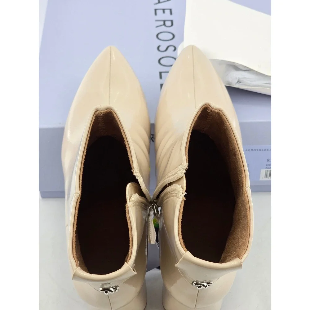 Aerosoles Enoch Ankle Boots Womens 9.5W Stone Patent Pointed Toe Block Heel NEW